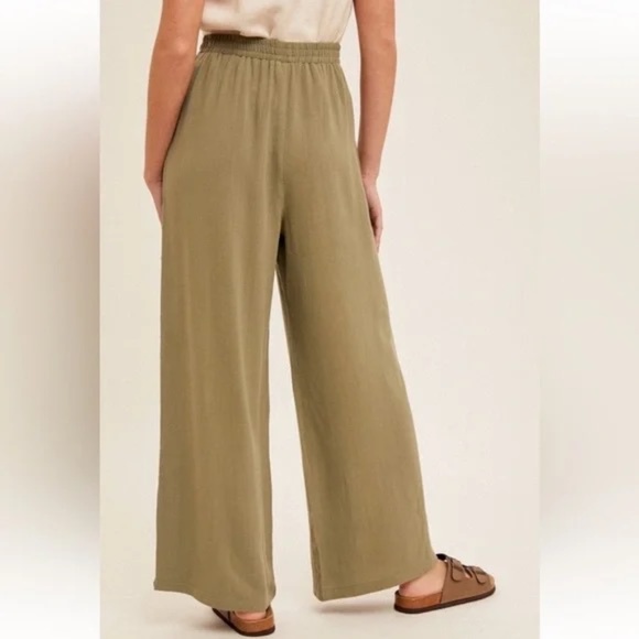 Wide Leg Linen Viscose Button Pants Olive Tassel Detail - Picture 2 of 8